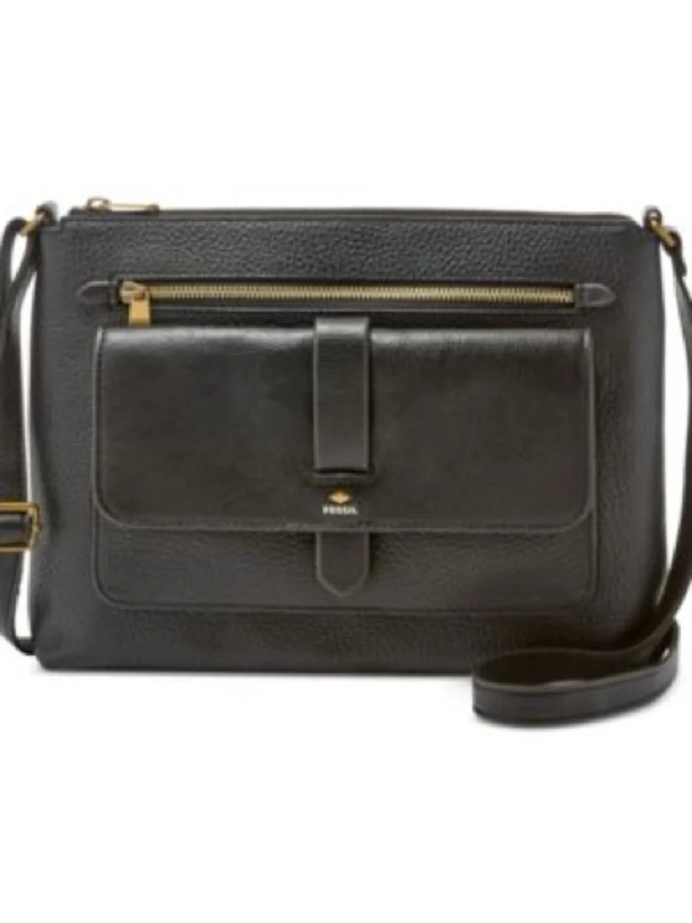 Fossil Black Leather Messenger with Gold Hardware